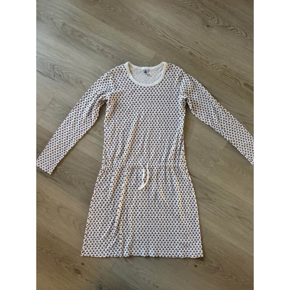 Petit Bateau Girls Size 14 100% Cotton Drawstring Long Sleeve Dress